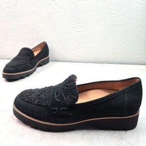 Vionic Platform Loafers Sz 8 Black Suede Chunky Slip On Comfort Dress Shoes